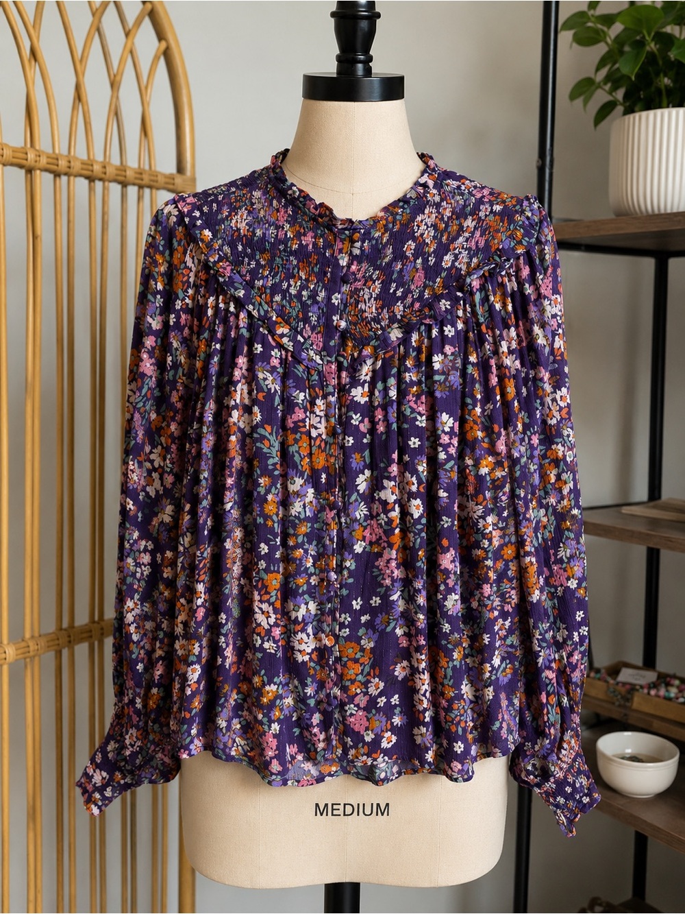 Karlie Purple Floral Ruffle Yoke Blouse